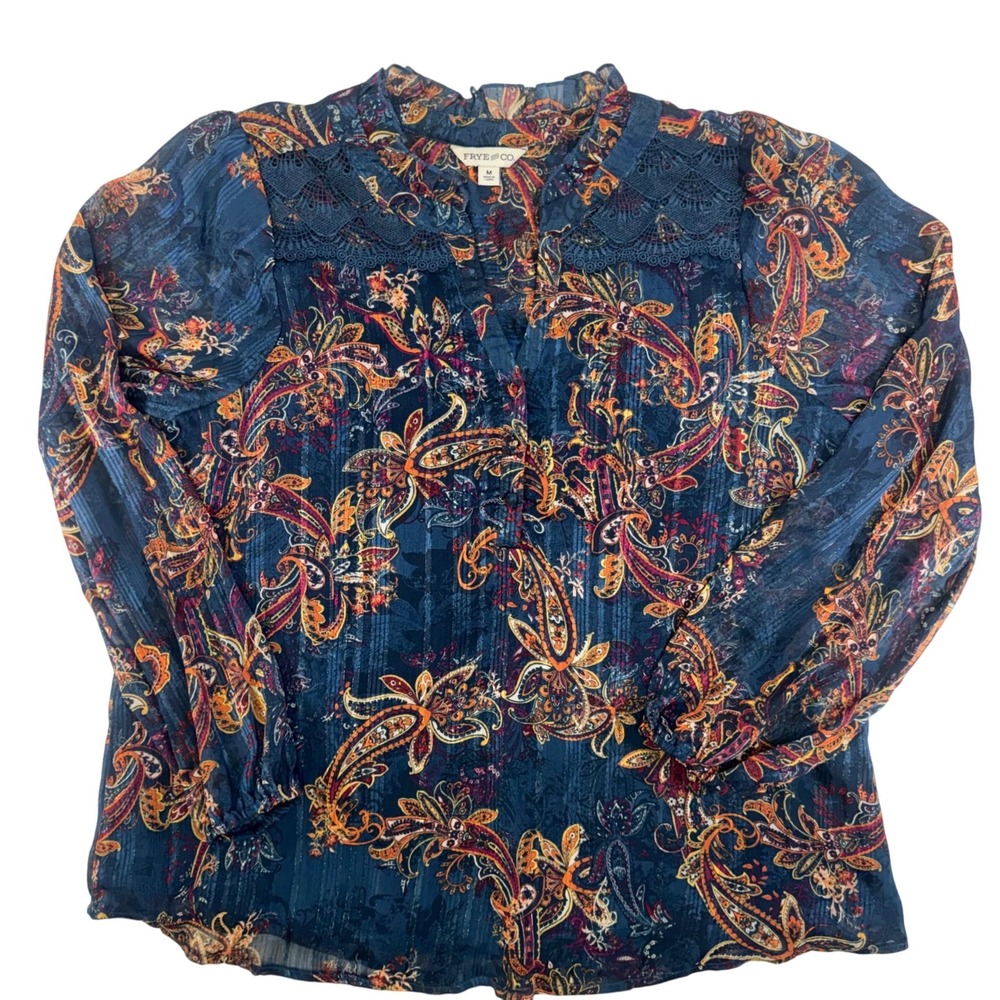 Frye and Co Womens Blue Paisley Lurex Shimmer Blouse Lace Yoke Top Size Medium